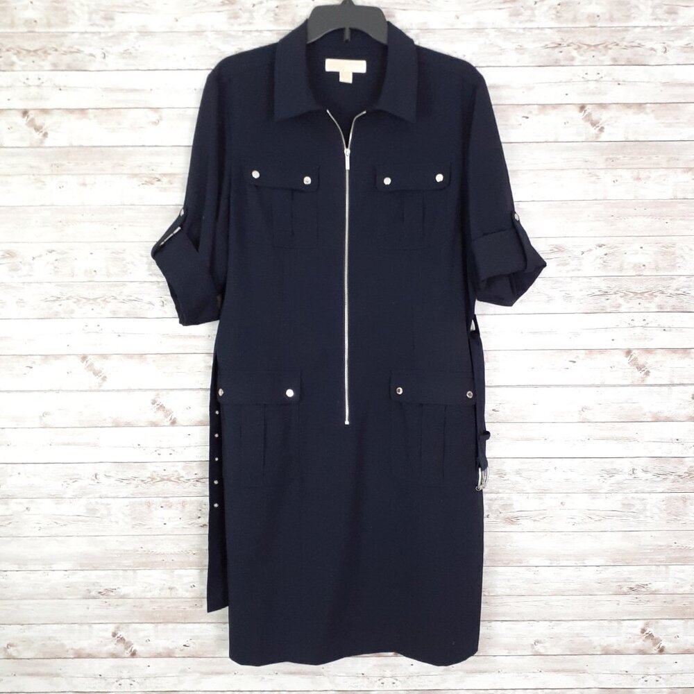Michael Kors Womens Dress XL Zip Front Belted Short Sleeve Navy 197A - Picture 2 of 7